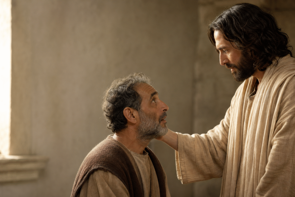 Jesus faces a healed man expressing astonishment and gratitude