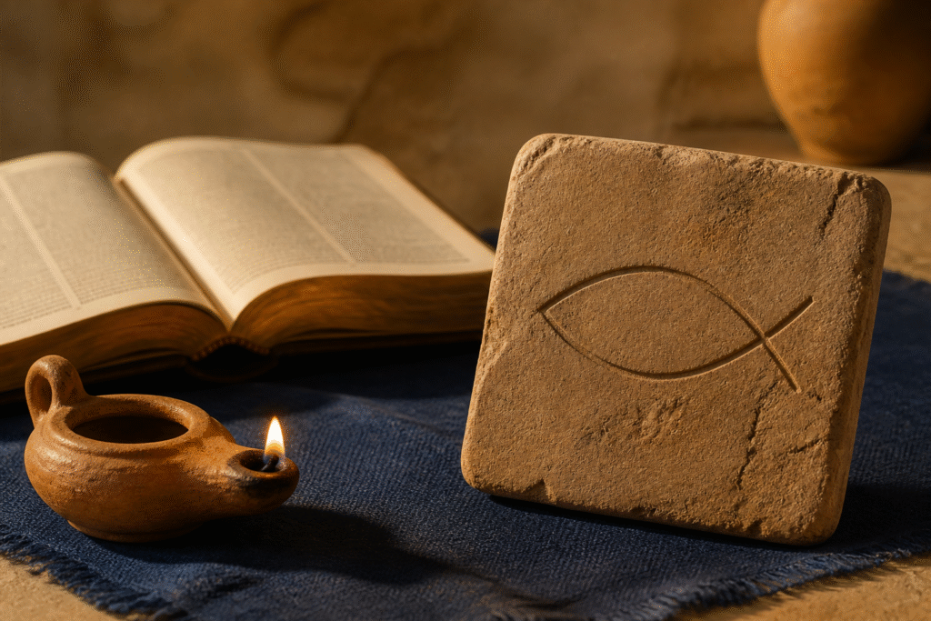 Fish symbol incised on a clay tablet beside an open Bible and clay lamp