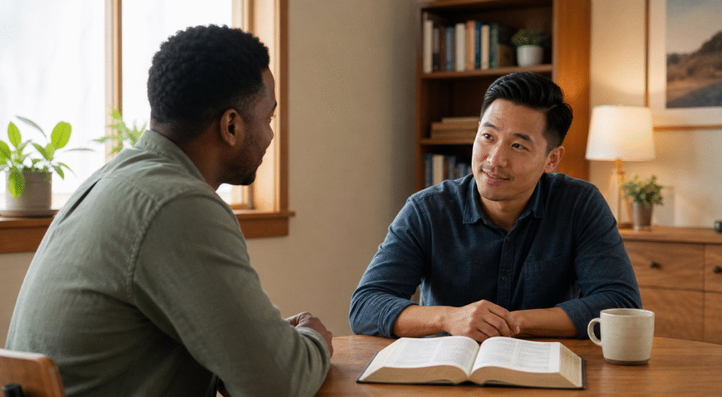 Two friends speak respectfully with an open Bible between them