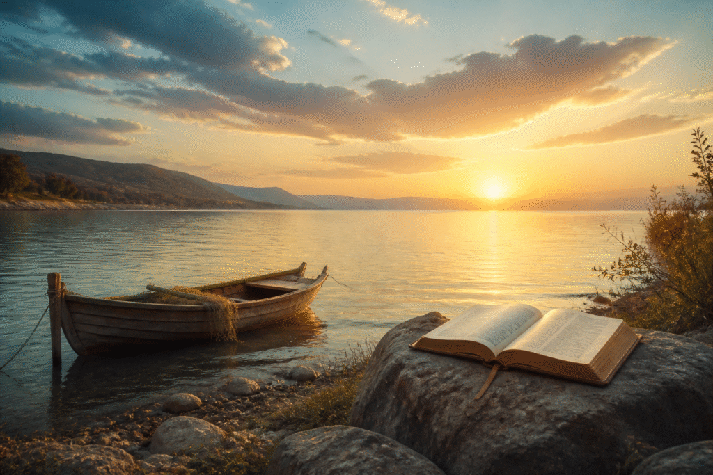 Calm lake at sunrise with a wooden boat and open Bible on the shore