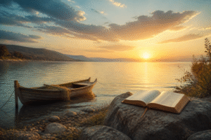Calm lake at sunrise with a wooden boat and open Bible on the shore