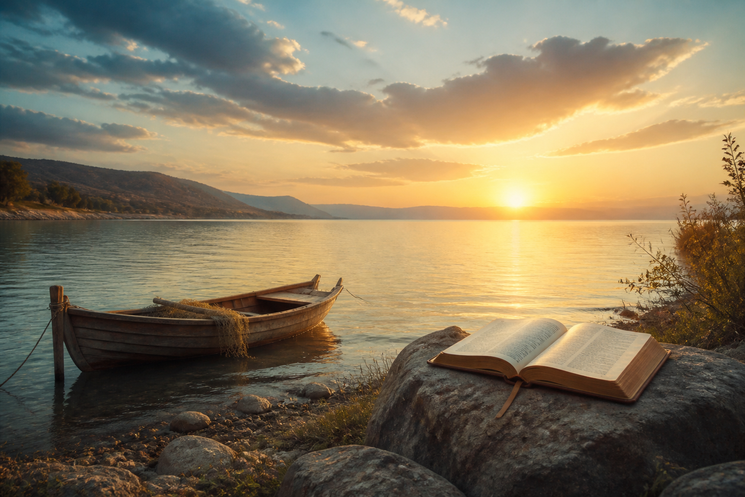 Calm lake at sunrise with a wooden boat and open Bible on the shore
