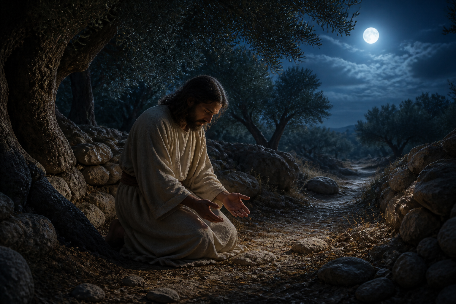 Jesus kneels in humble prayer beneath an olive tree