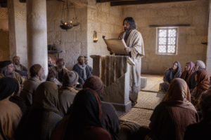 Jesus reading from an Isaiah scroll in the synagogue at Nazareth