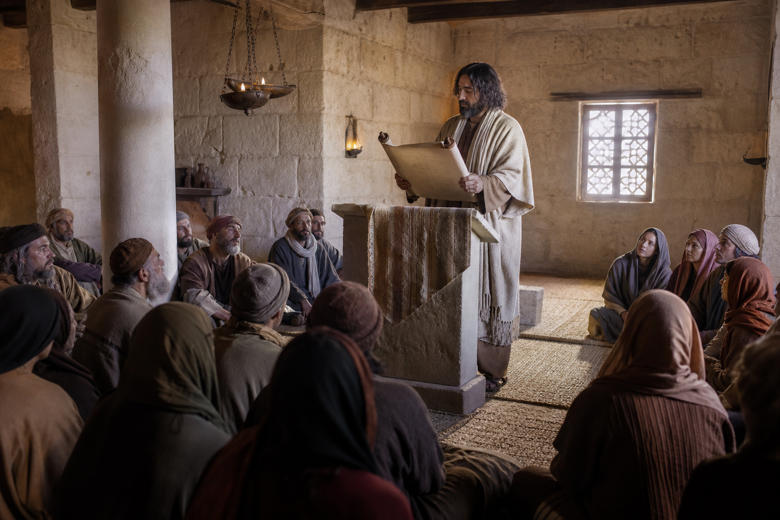 Jesus reading from an Isaiah scroll in the synagogue at Nazareth