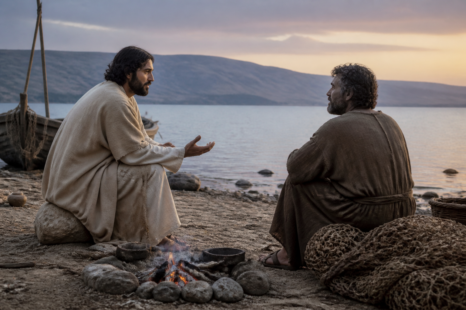 Jesus speaks with Peter beside the Sea of Galilee