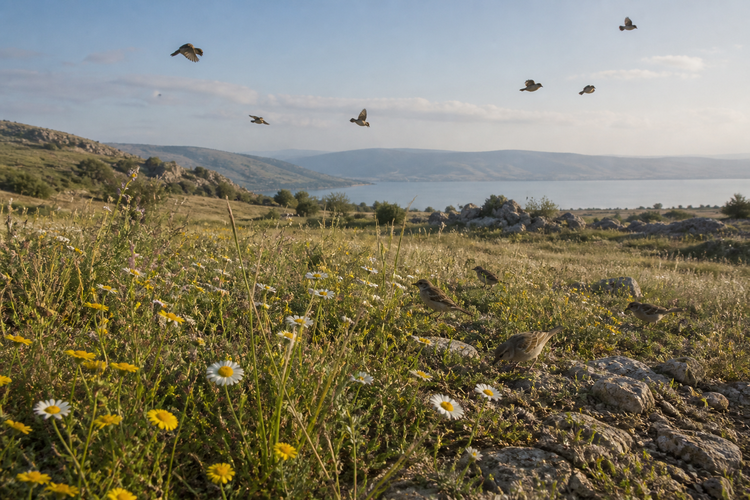 Wildflowers and birds above a quiet Galilean field