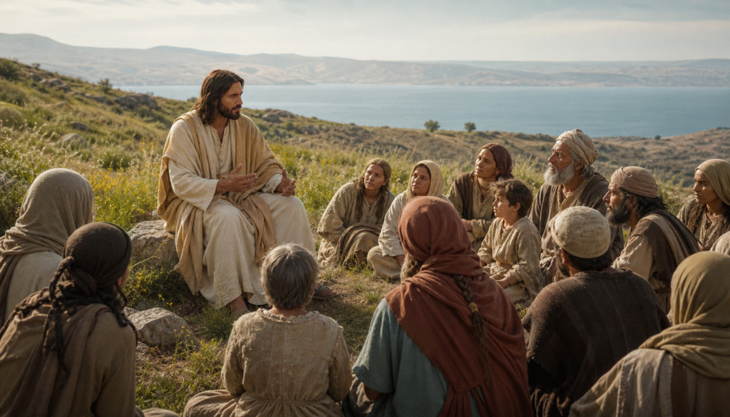Jesus teaching disciples and families on a Galilean hillside
