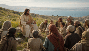 Jesus teaching disciples and families on a Galilean hillside