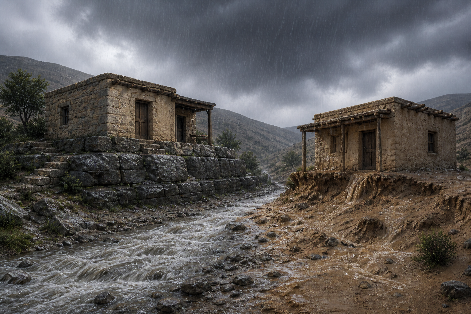 Two first-century homes facing rain beside rock and sand