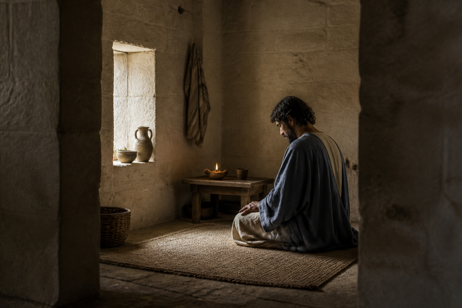 A believer praying quietly in a simple first-century room