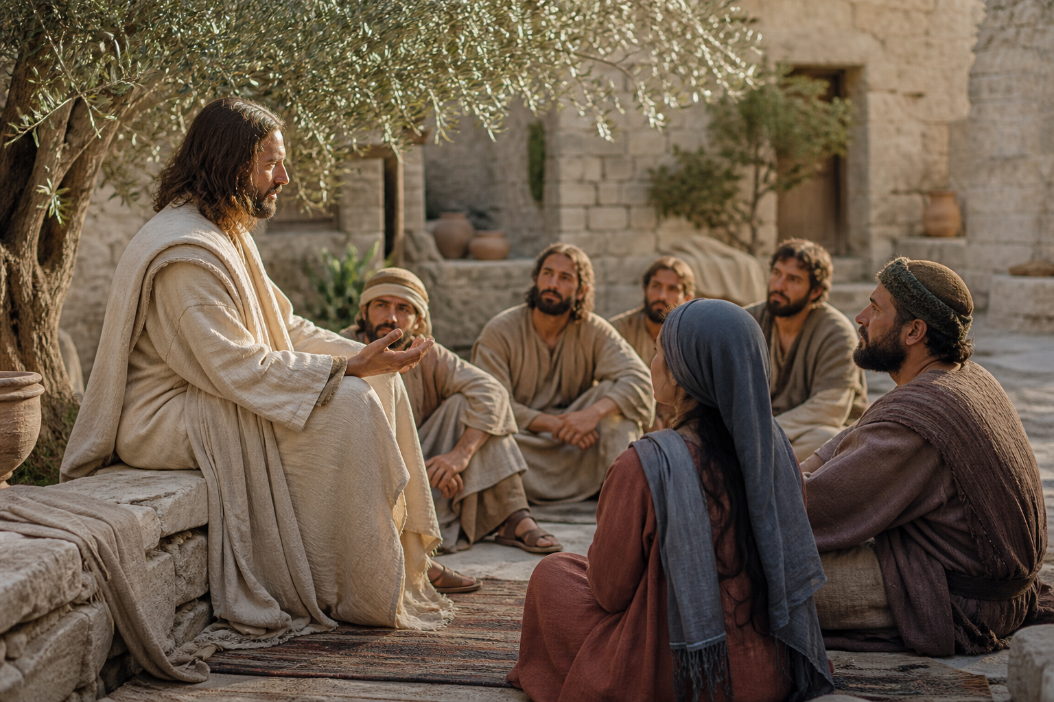 Jesus teaches listeners in a first-century Galilean courtyard