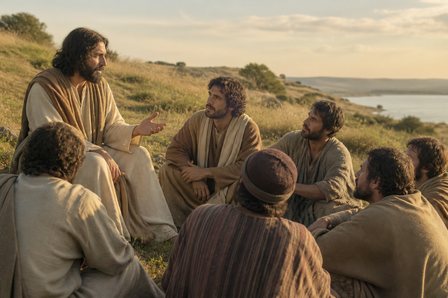 Jesus teaching His disciples on a Galilean hillside