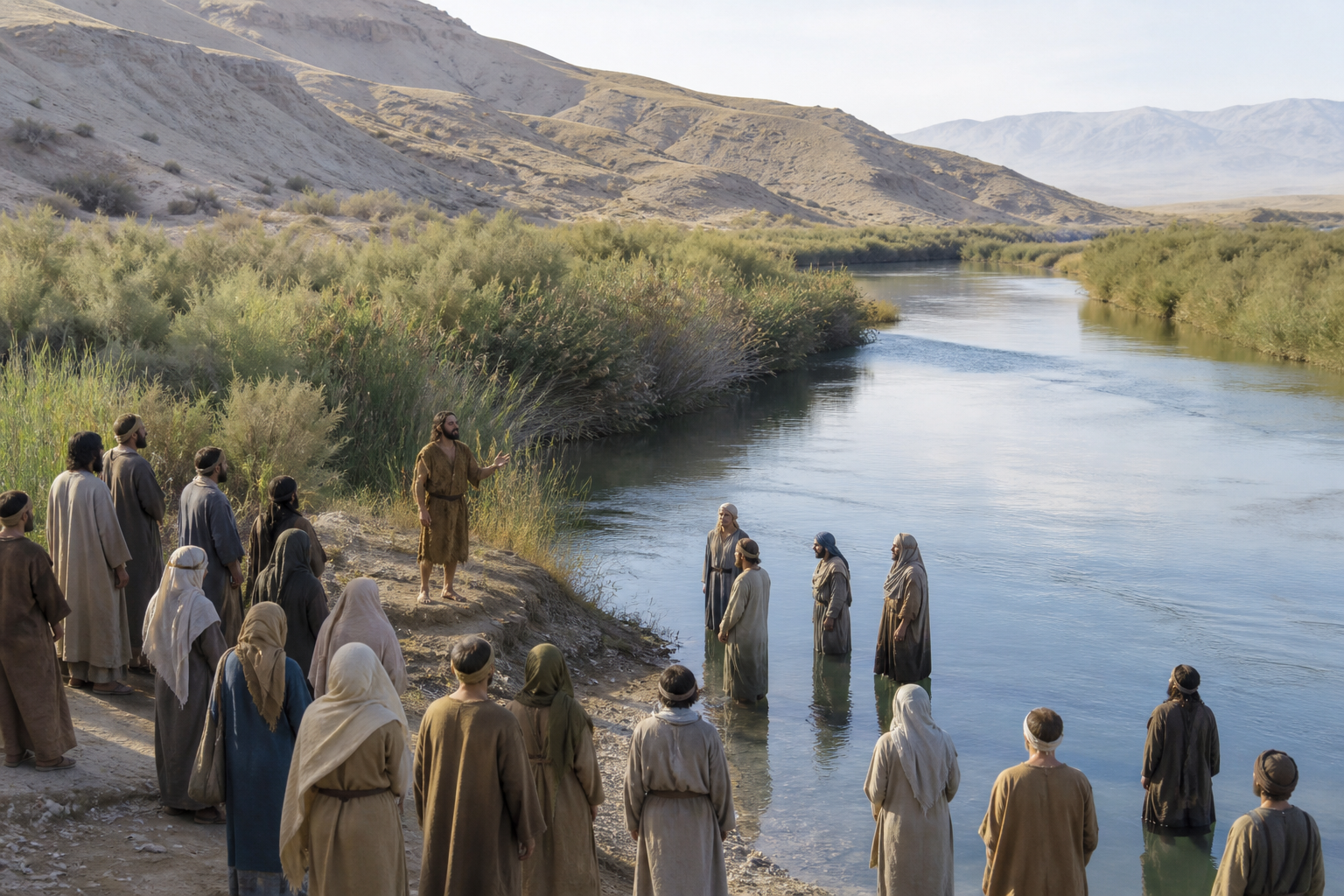 John the Baptist preaching beside the Jordan River in the wilderness