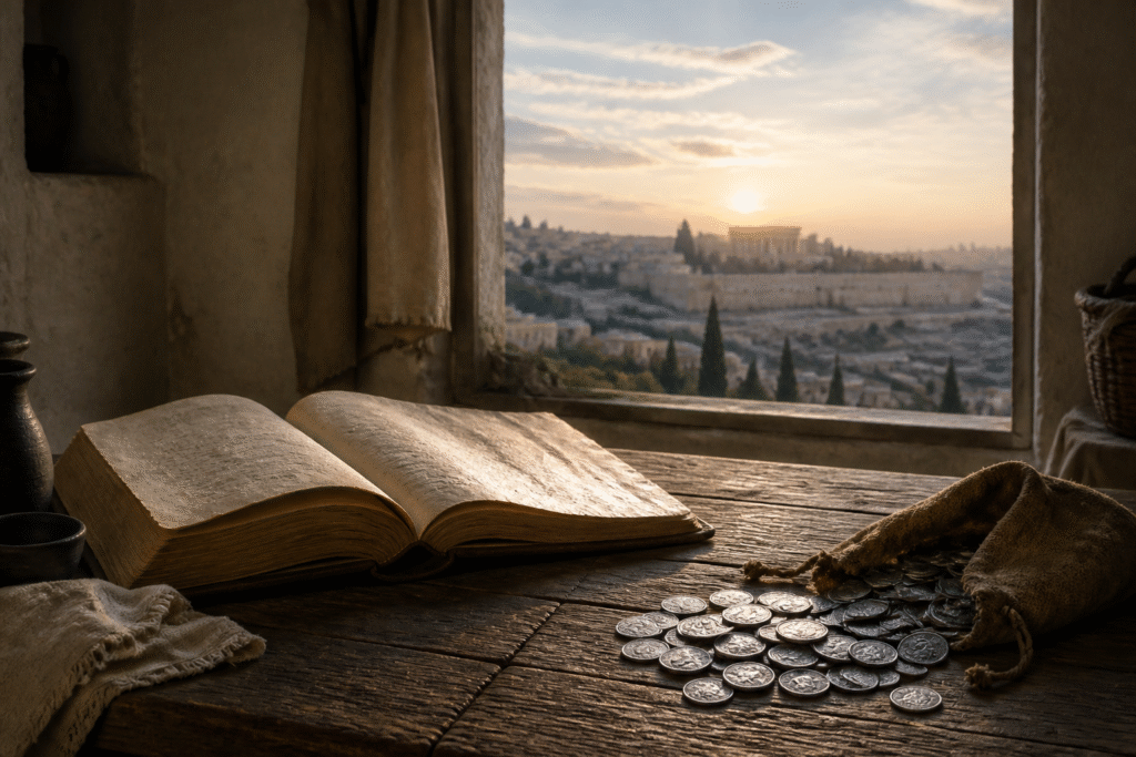 Open Bible and silver coins on a wooden table overlooking Jerusalem at sunrise