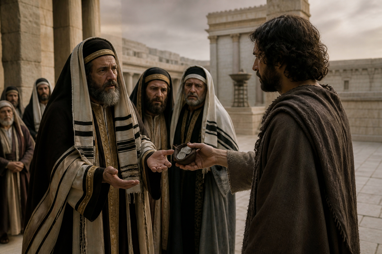 Judas returning a pouch of silver to religious leaders in a Jerusalem courtyard