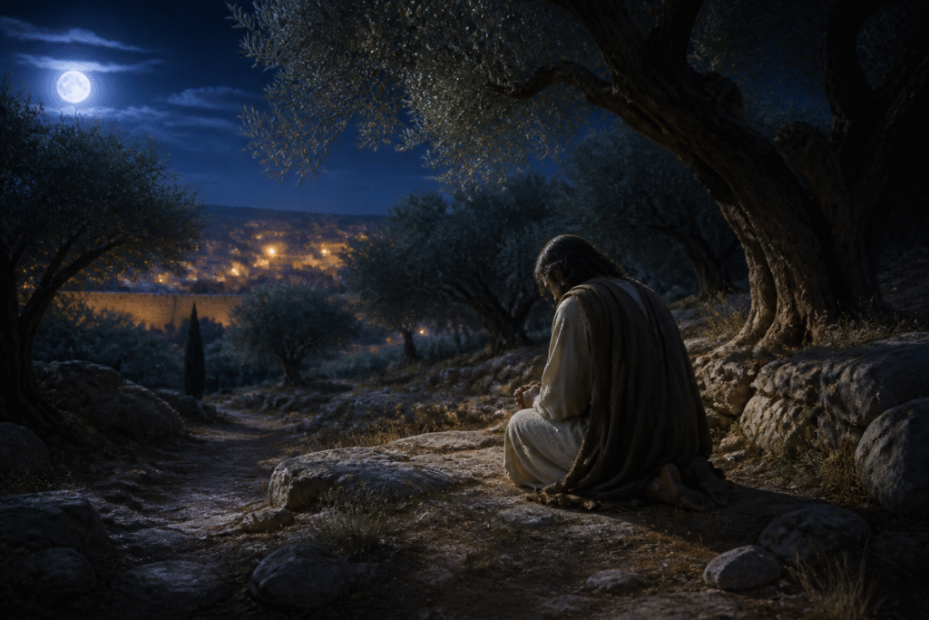 Jesus kneels in prayer among olive trees at night