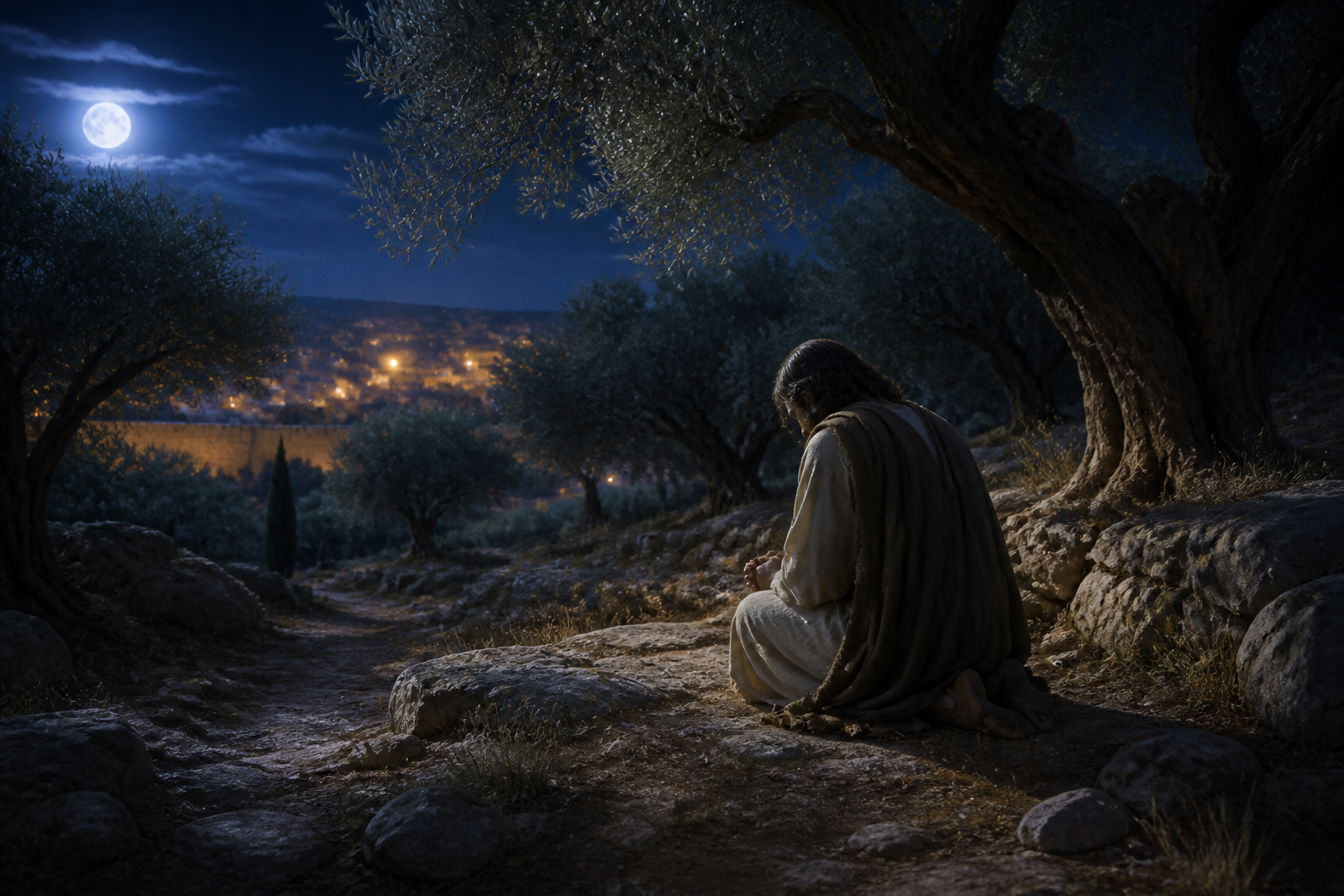 Jesus kneels in prayer among olive trees at night