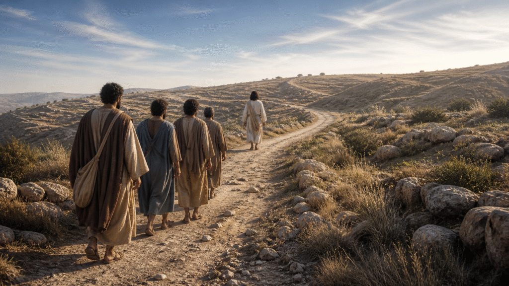 Jesus walking toward Jerusalem on a Galilean road with disciples following
