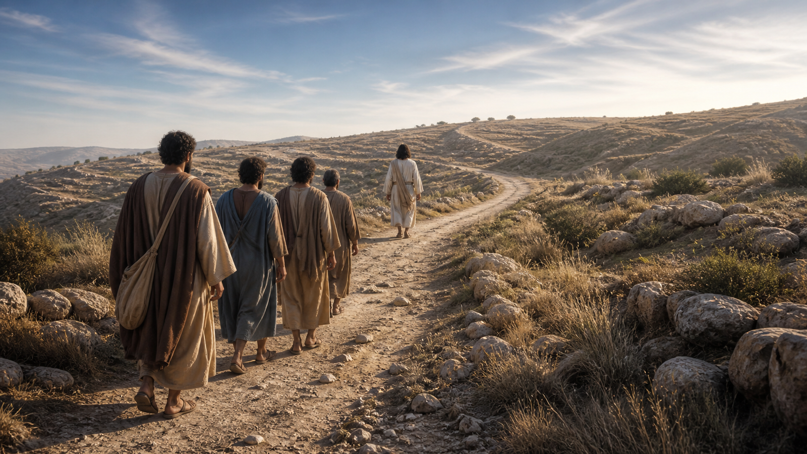 Jesus walking toward Jerusalem on a Galilean road with disciples following