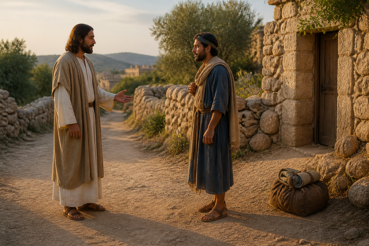 Jesus speaking with a man beside a first-century village road