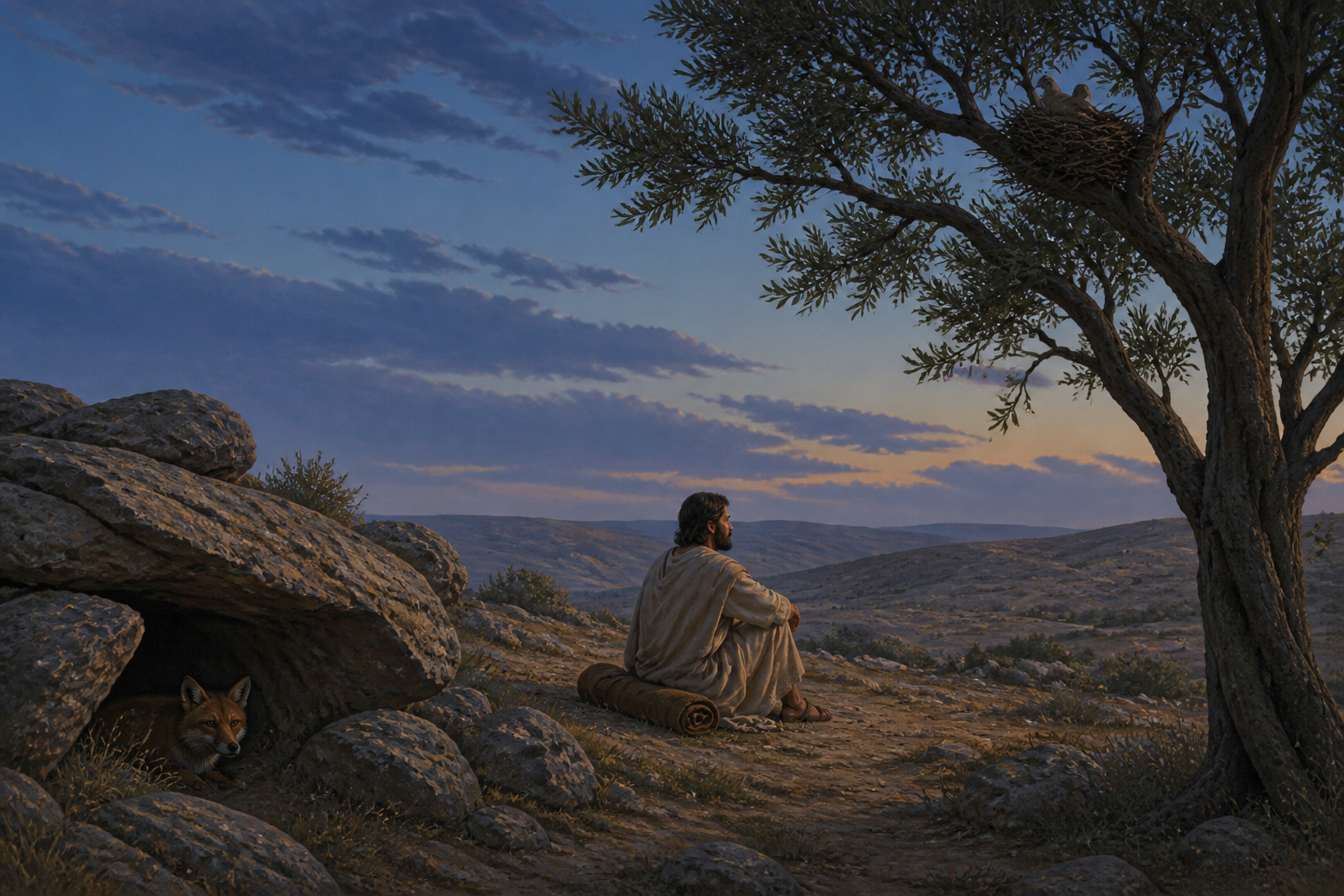 A traveler resting beneath the open sky near a fox den and bird nest