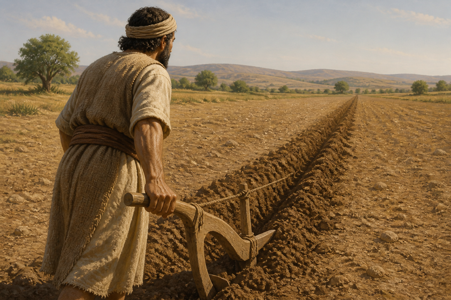 A farmer guiding an ancient wooden plow through a straight furrow