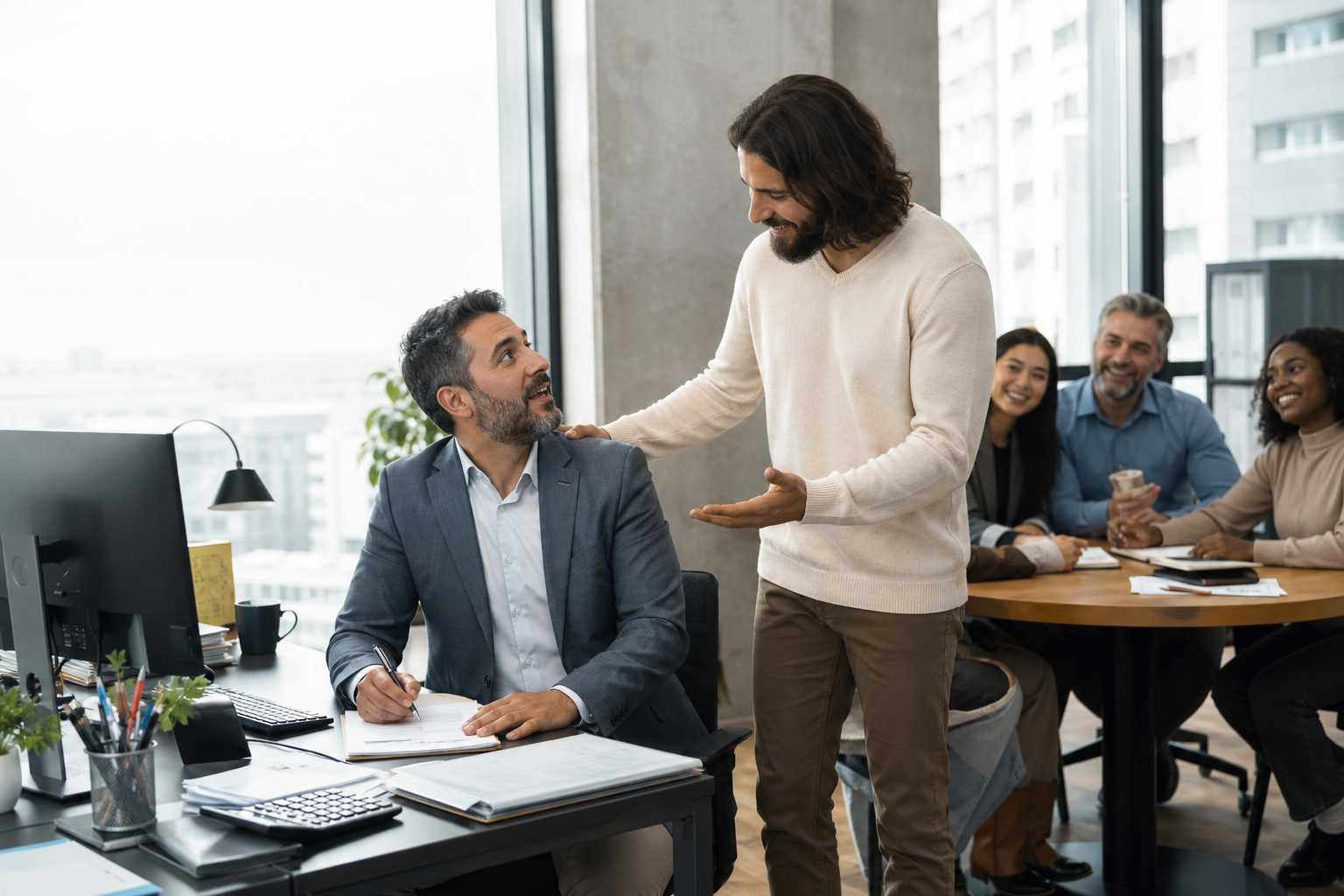 Man inviting tax professional to join colleagues at table