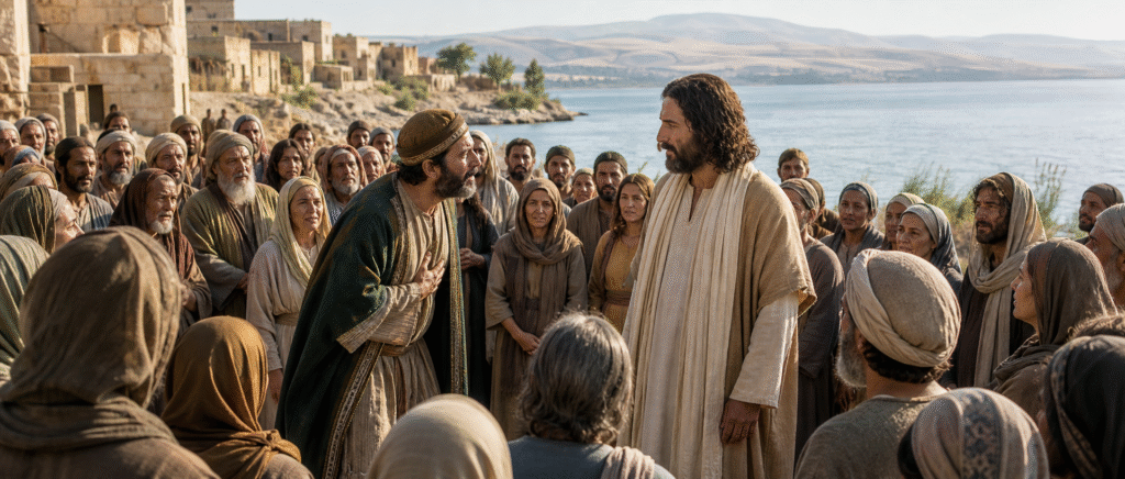 Jesus speaking with Jairus beside the Sea of Galilee as a crowd gathers
