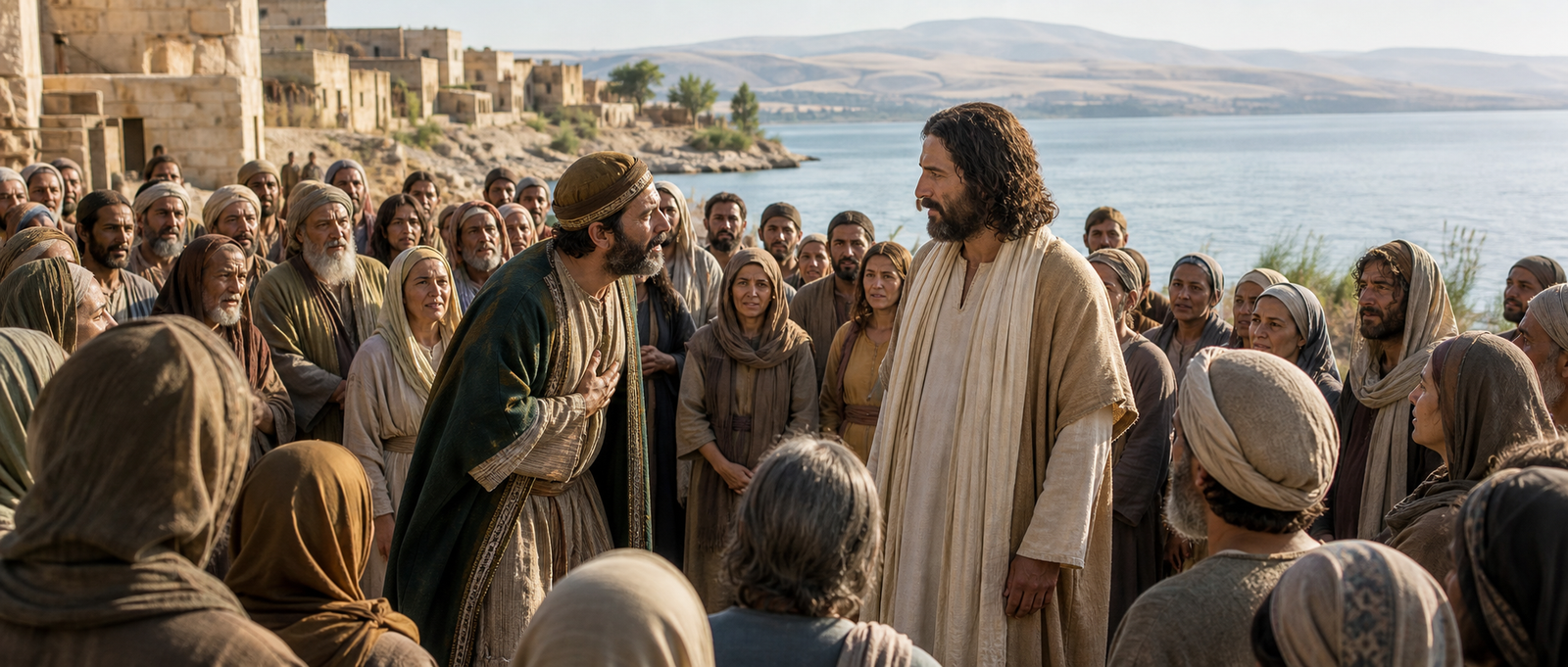 Jesus speaking with Jairus beside the Sea of Galilee as a crowd gathers
