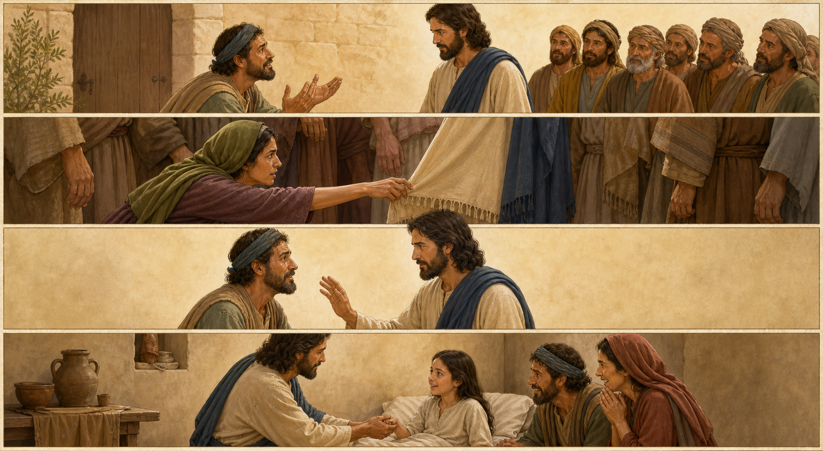 Four-panel illustration of Jairus, the healed woman, and the raised girl