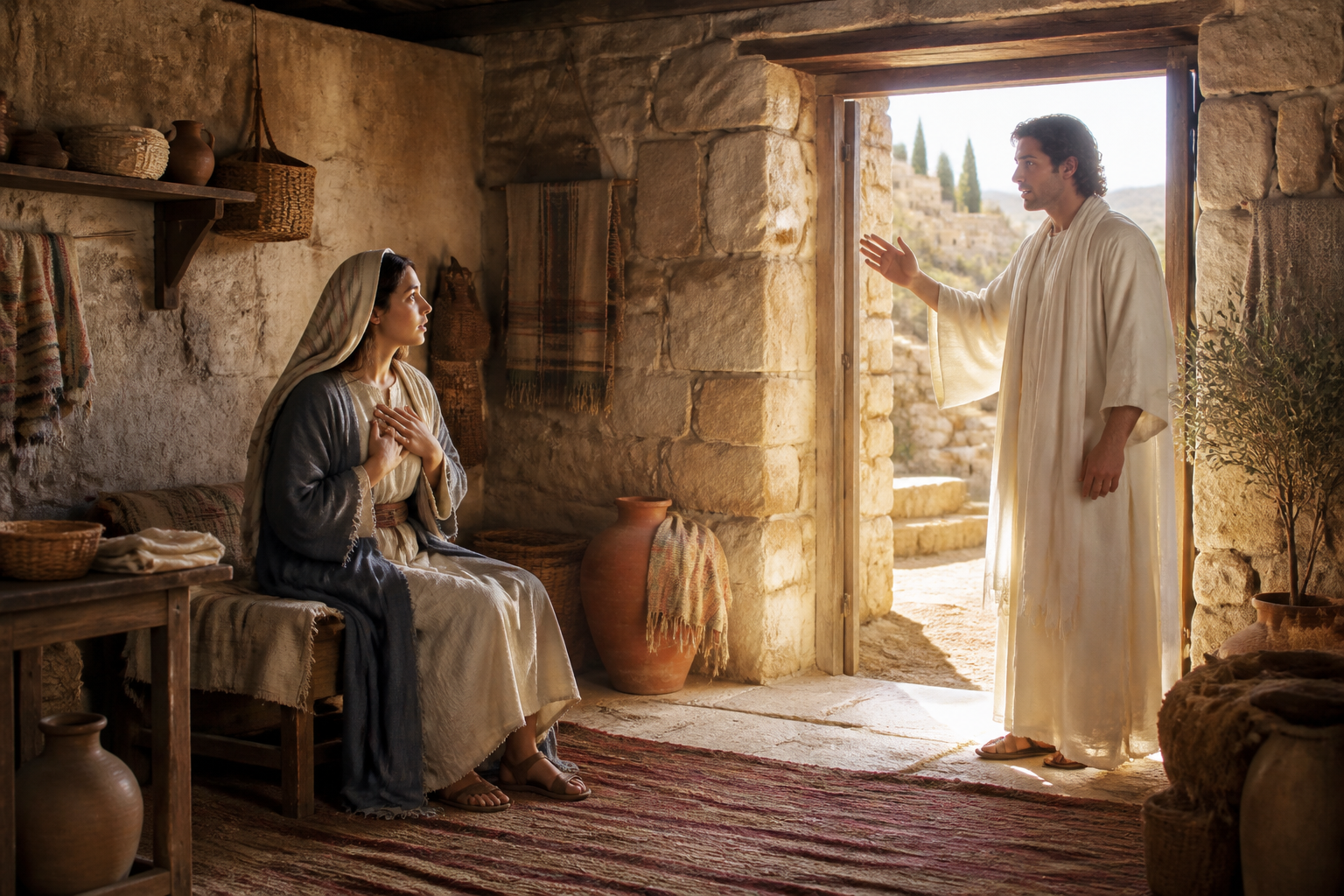 Mary listens to Gabriel in a first-century Nazareth home