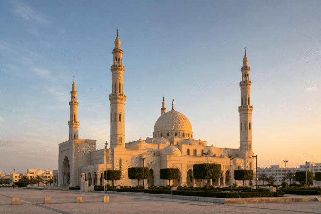 Exterior of the Mary Mother of Jesus Mosque in Abu Dhabi at sunset