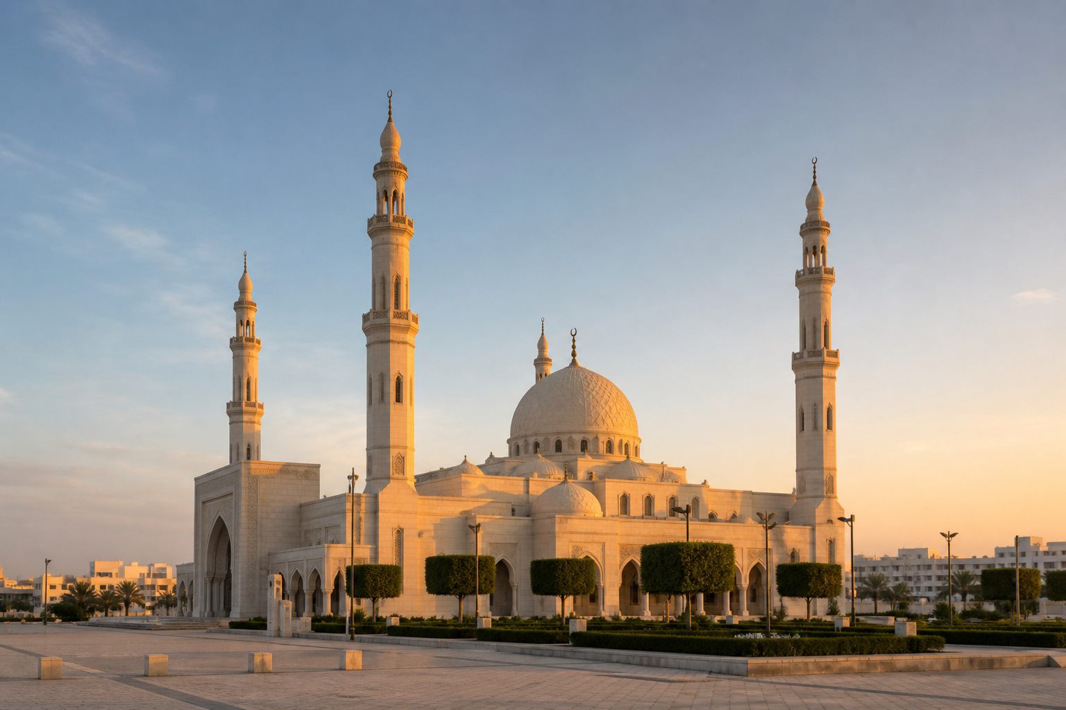 Exterior of the Mary Mother of Jesus Mosque in Abu Dhabi at sunset