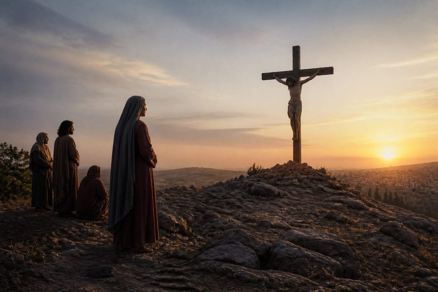 Mary stands near the cross of Jesus at dawn