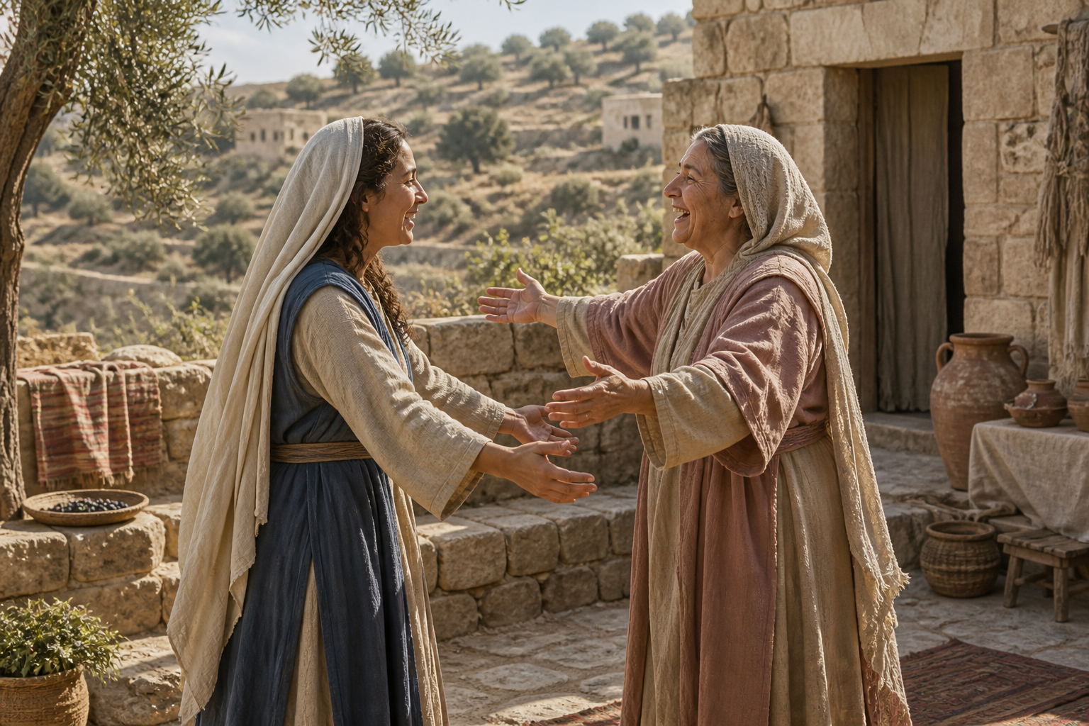 Mary greets Elizabeth in a first-century Judean courtyard