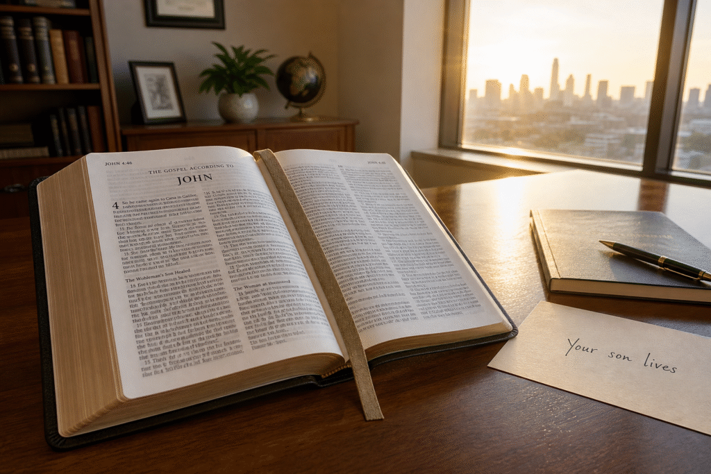 Open Bible at John 4:46–54 beside handwritten note