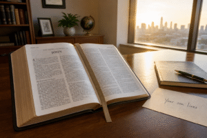 Open Bible at John 4:46–54 beside handwritten note