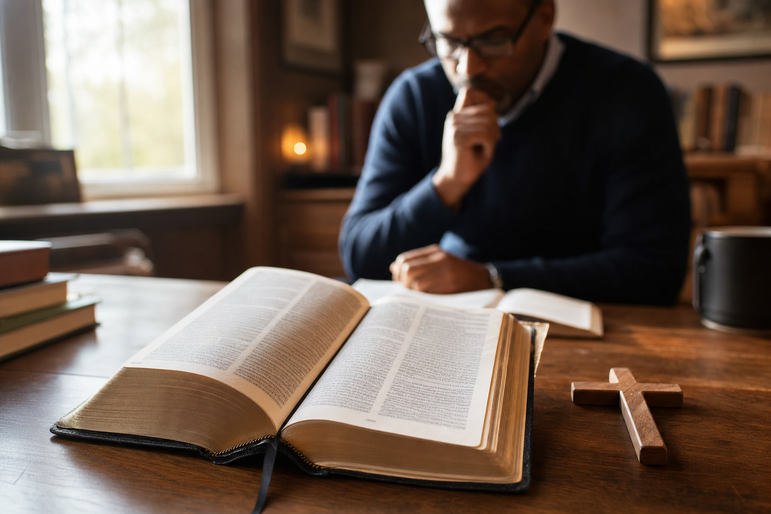 Open Bible at Luke 5:27–32 with cross and reader