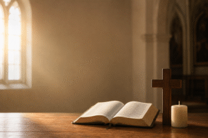 Open Bible beside a wooden cross and unlit candle