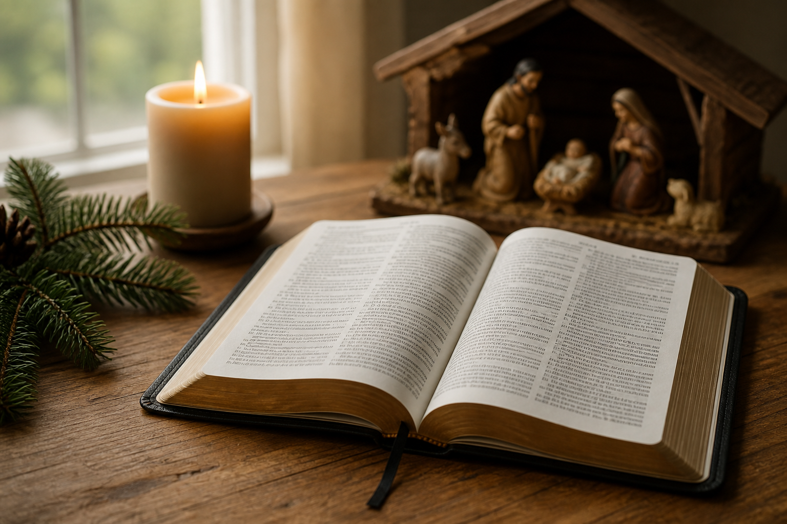 Open Bible beside candle, evergreen branch, and nativity scene
