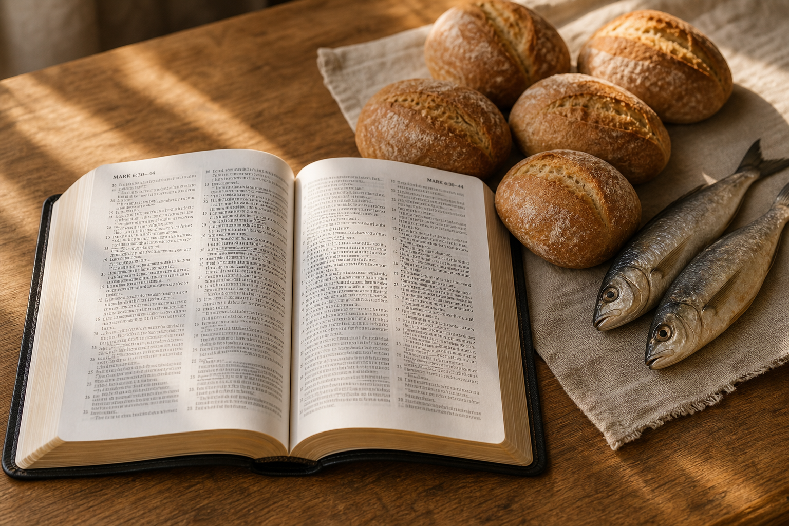 Open Bible beside five loaves and two fish