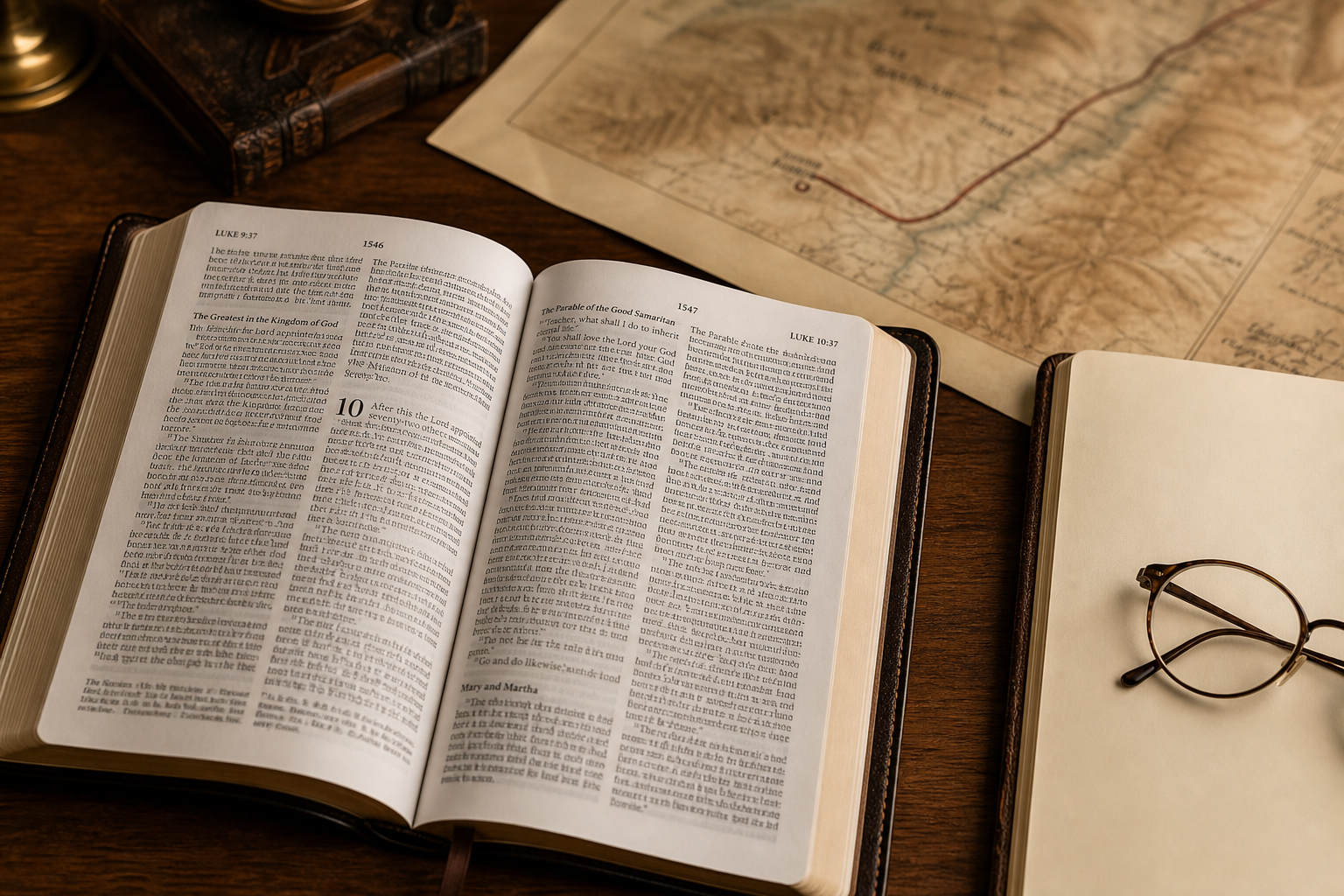 Open Bible beside notebook and ancient route map