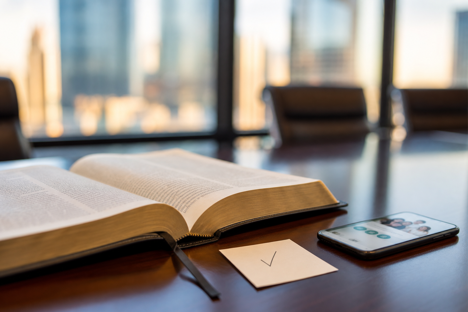Open Bible beside smartphone and handwritten check mark
