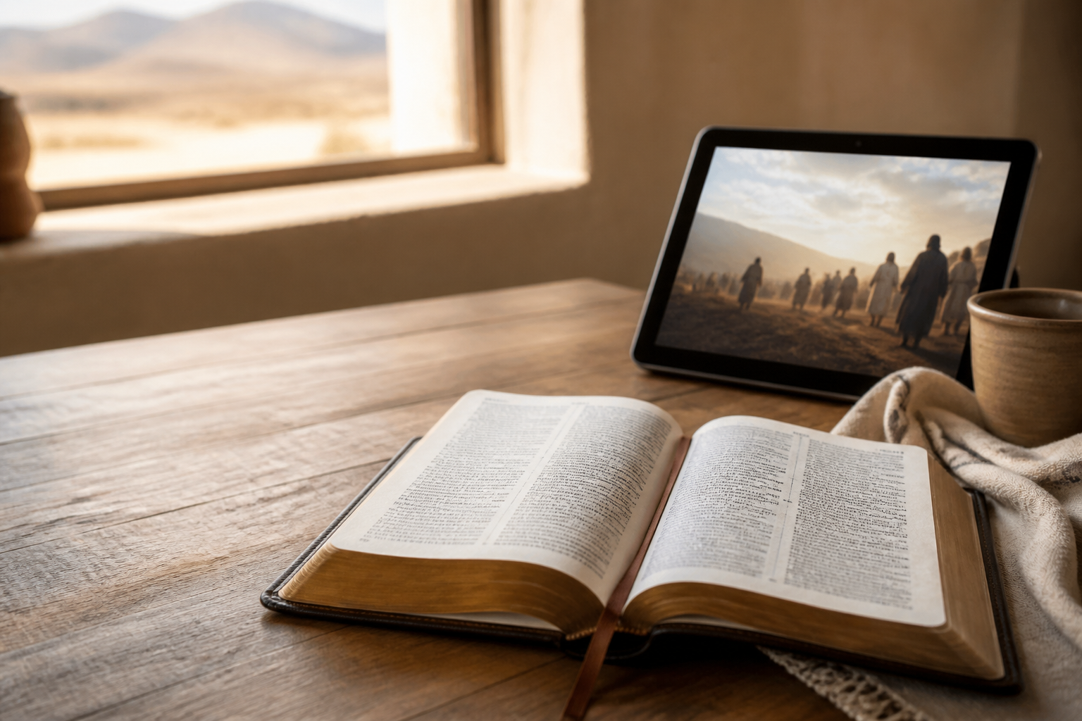 Open Bible beside tablet showing historical faith-based drama