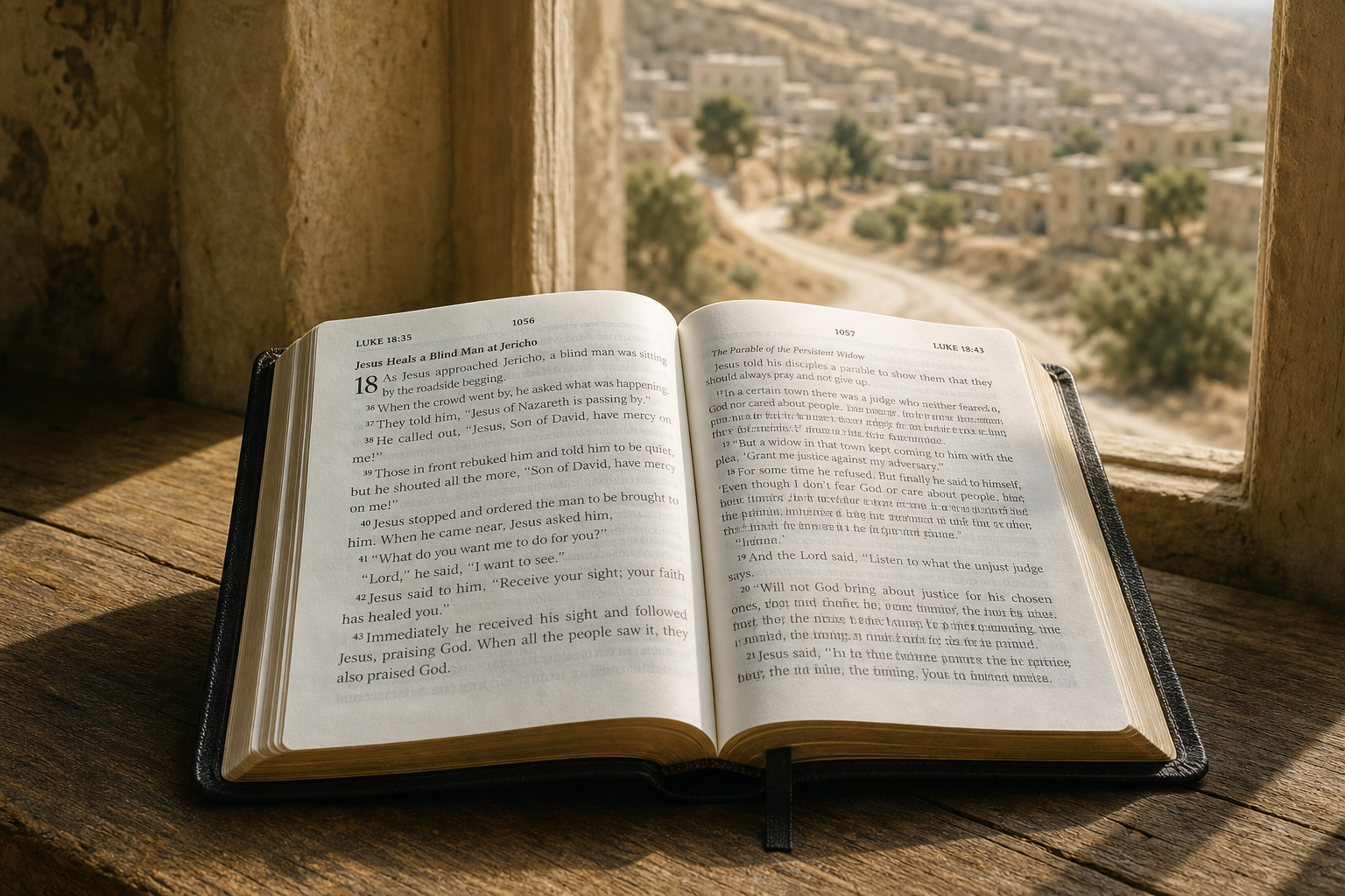 Open Bible beside window overlooking a village road