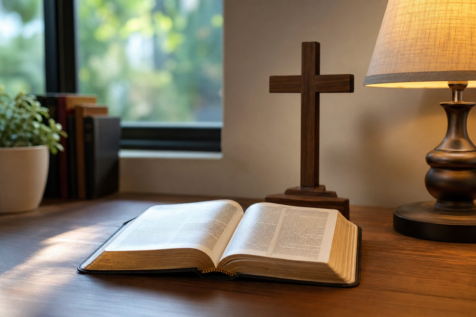 Open Bible beside wooden cross and desk lamp