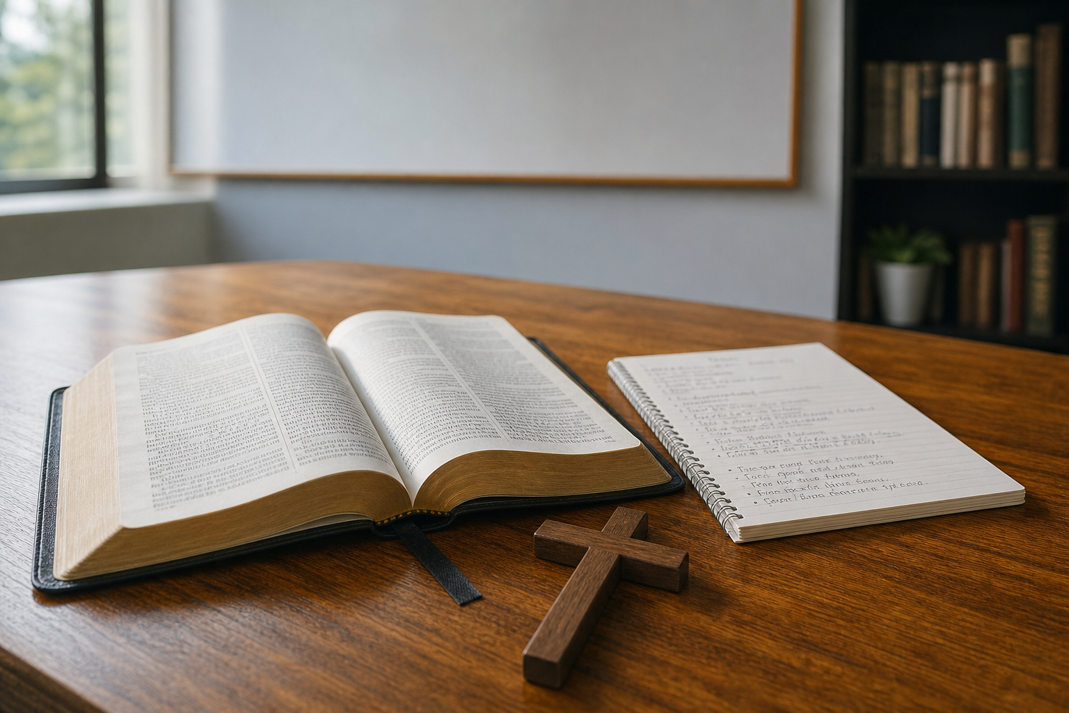 Open Bible with sermon notes and wooden cross