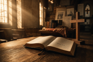 Open Bible, wooden cross, and vintage hymnals in a church