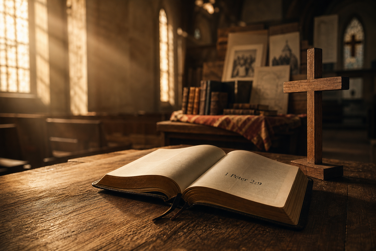Open Bible, wooden cross, and vintage hymnals in a church